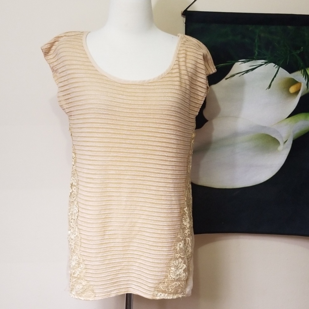 A'reve Cap Sleeve Sheer Back Lace Trim Top